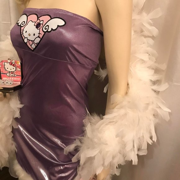 🍭vinatge y2k custom hello kitty dress with feathered trim and crystal earings ! - Picture 7 of 11